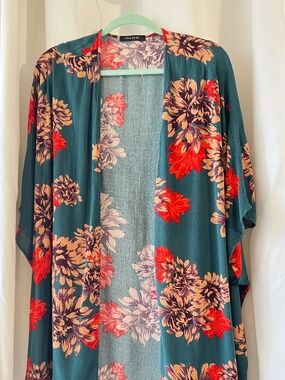 Hail3y:23 Teal Floral Kimono Open Front Cover Up OS